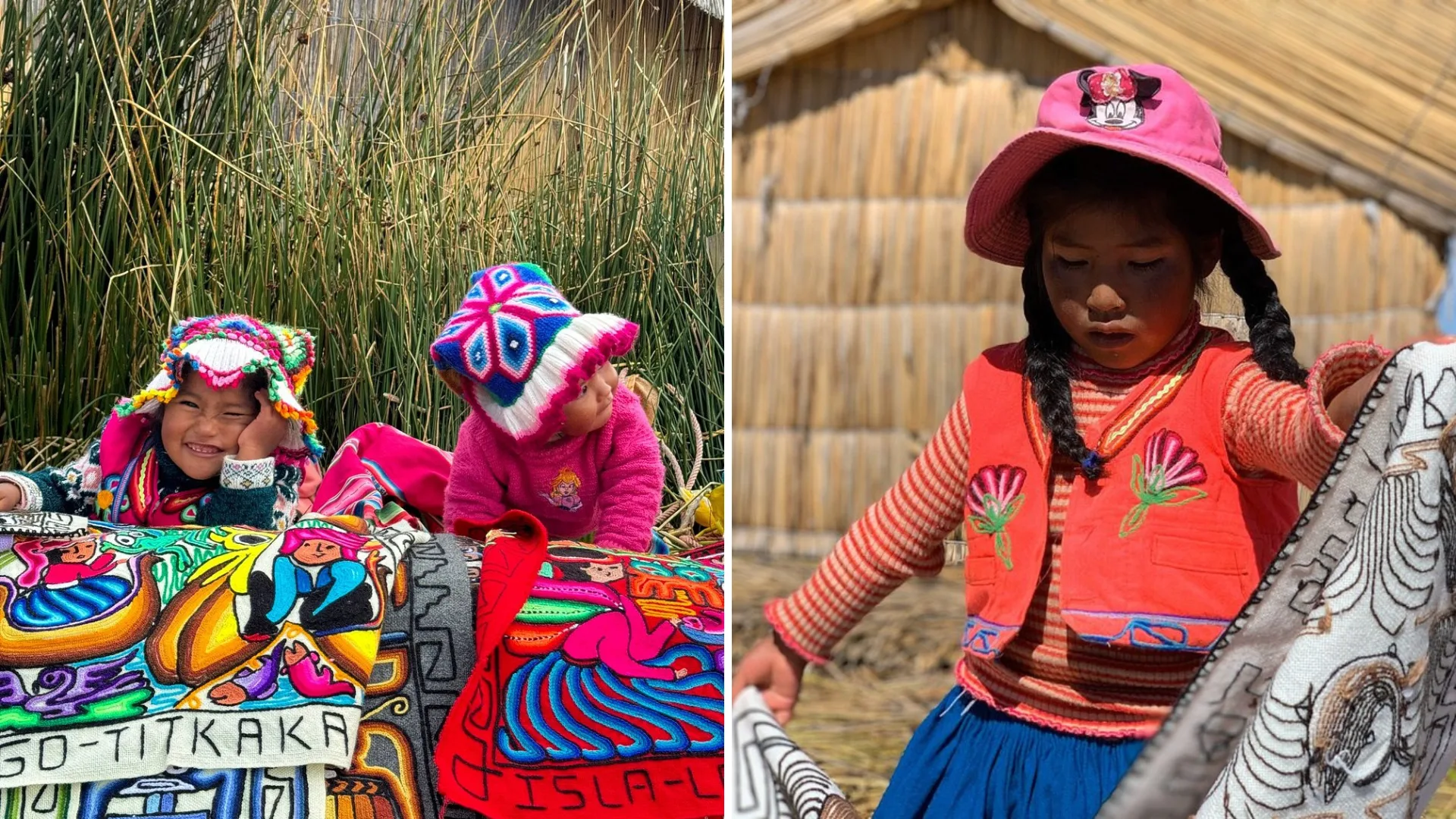 Children at Lake Titicaca wearing traditional clothing and textiles