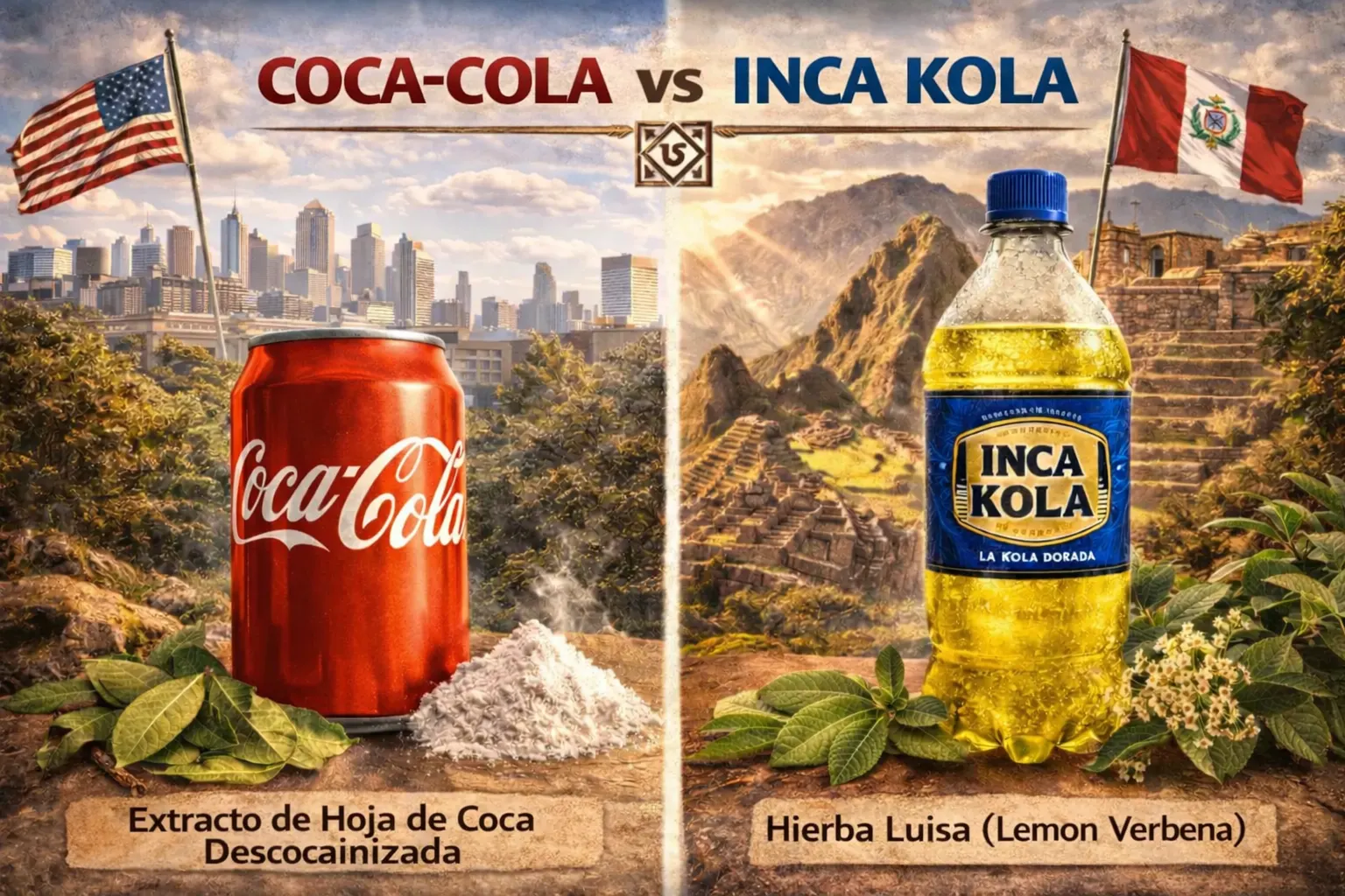 Comparativa visual entre botellas de Coca-Cola e Inca Kola