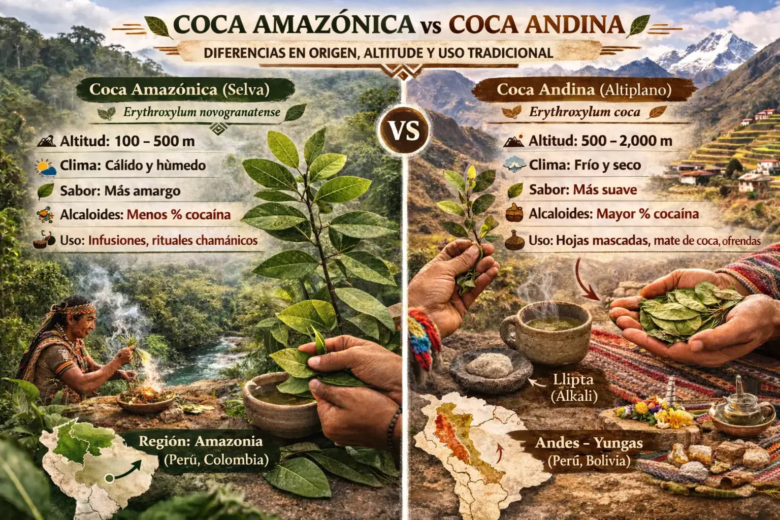 Comparativa entre las hojas de coca de la región andina y la región amazónica