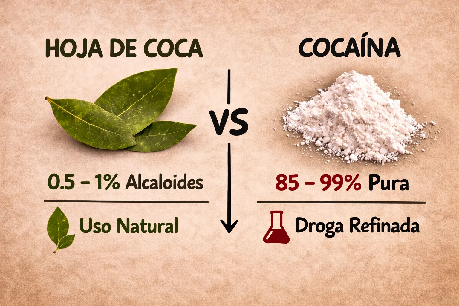 Comparación visual entre hojas de coca naturales y droga refinada