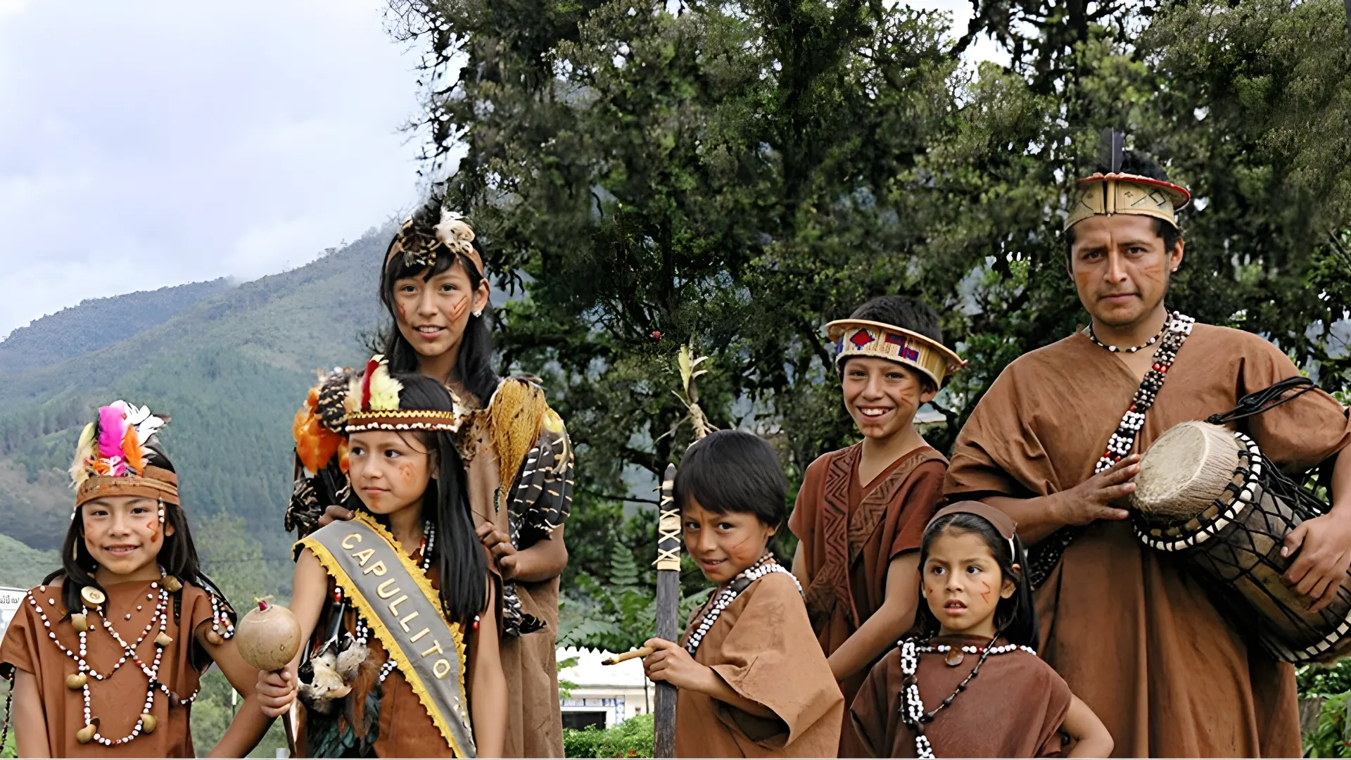 Indigenous family in the Peruvian Amazon wearing traditional clothing