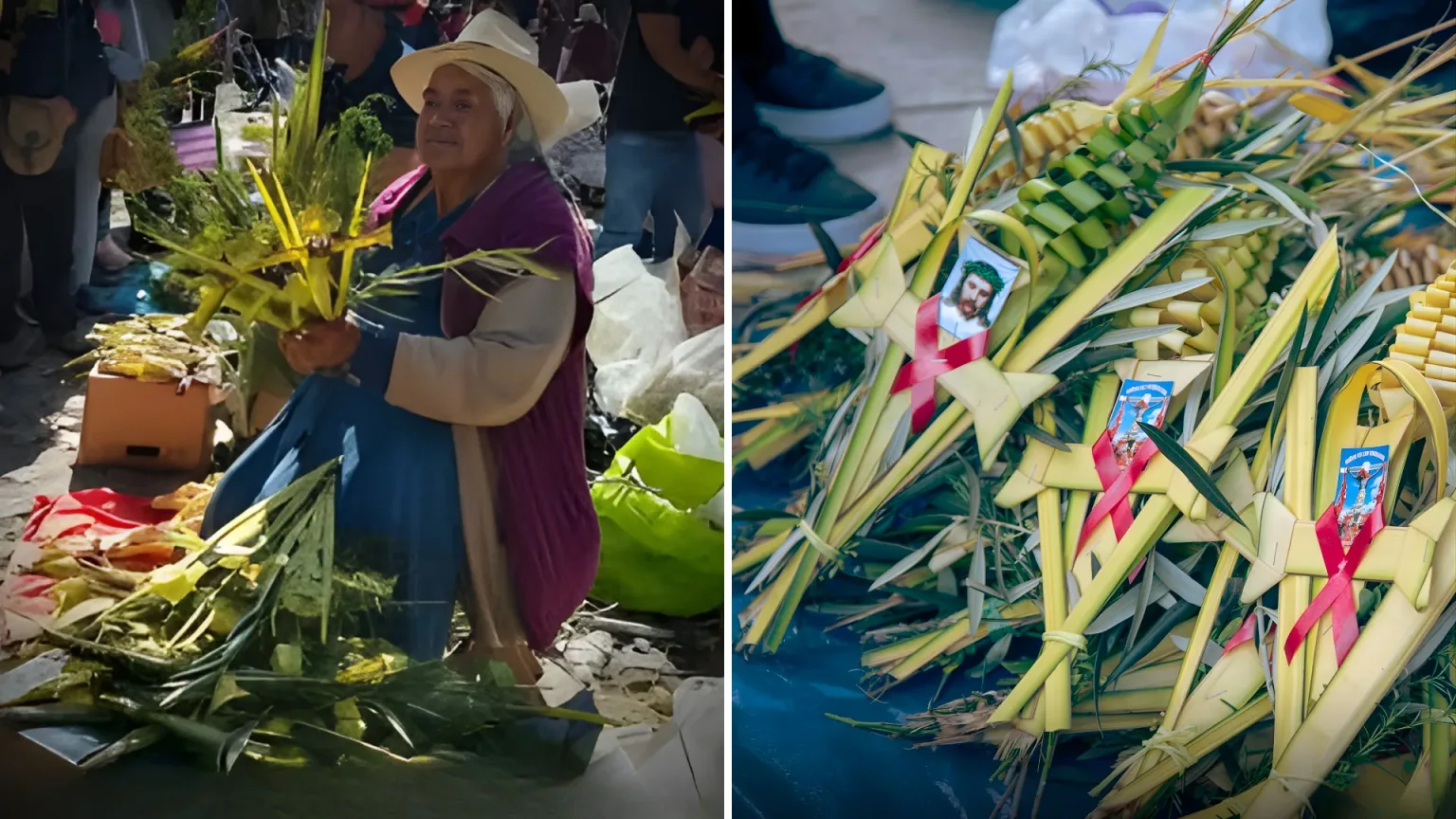 Mujer andina vendiendo palma tejida