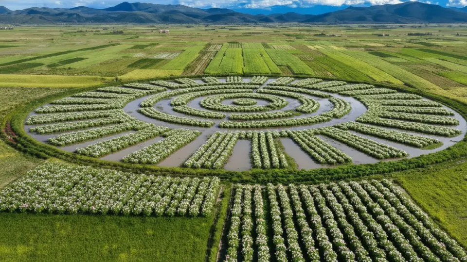 Potato crops in full bloom in the Waru Waru fields of Puno