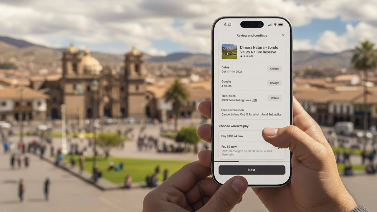 Person reviewing an Airbnb booking on a laptop with a flexible payment option in Peru