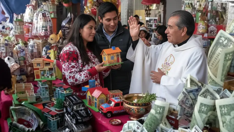 Pareja haciendo bendecir su deseo por el cura en Qoyllority