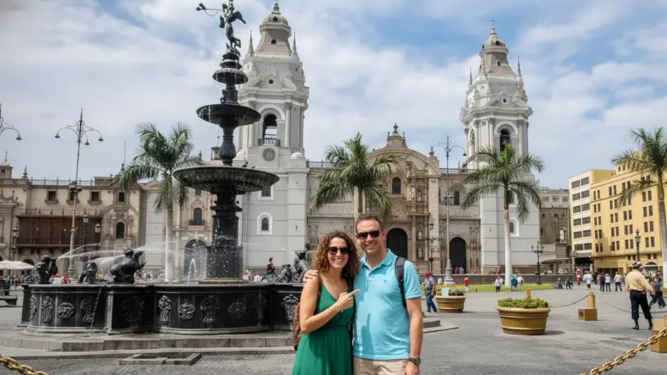 Foreign tourist couple taking a photo in the Historic Center of Lima