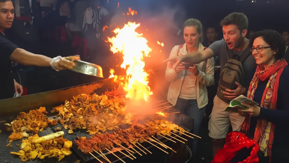 Foreign tourists enjoying local food, anticucho, in the city of Lima