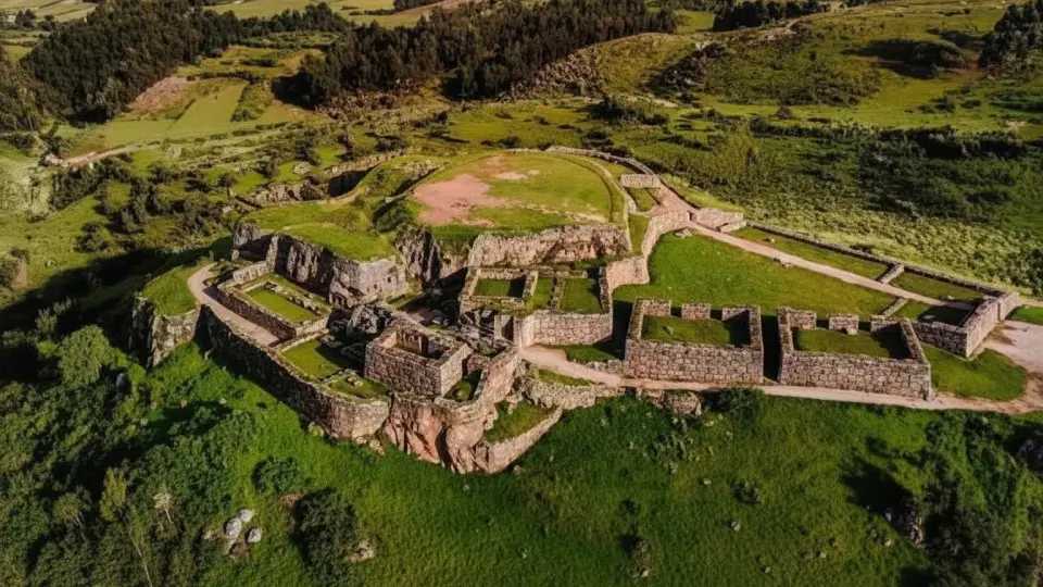 Aerial view of the Inca fortress of Puca Pucara in Cusco