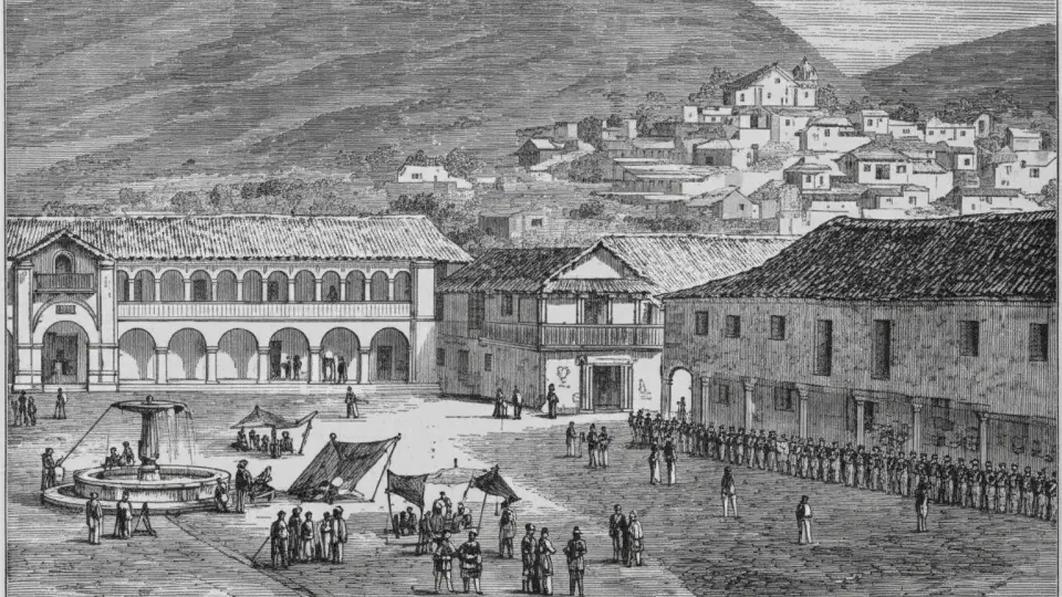 City of Cusco during the construction of council buildings in 1862, drawing by George Squier.