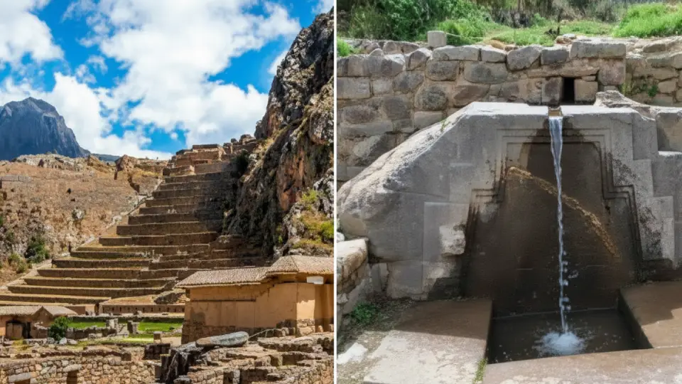 sitio arqueologico de Pisac donse se muestra las andenerias y el baño de la Ñusta