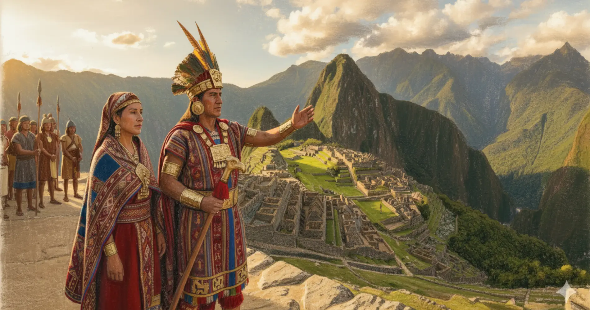 Drawing of Manco Cápac and Mama Ocllo in Machu Picchu