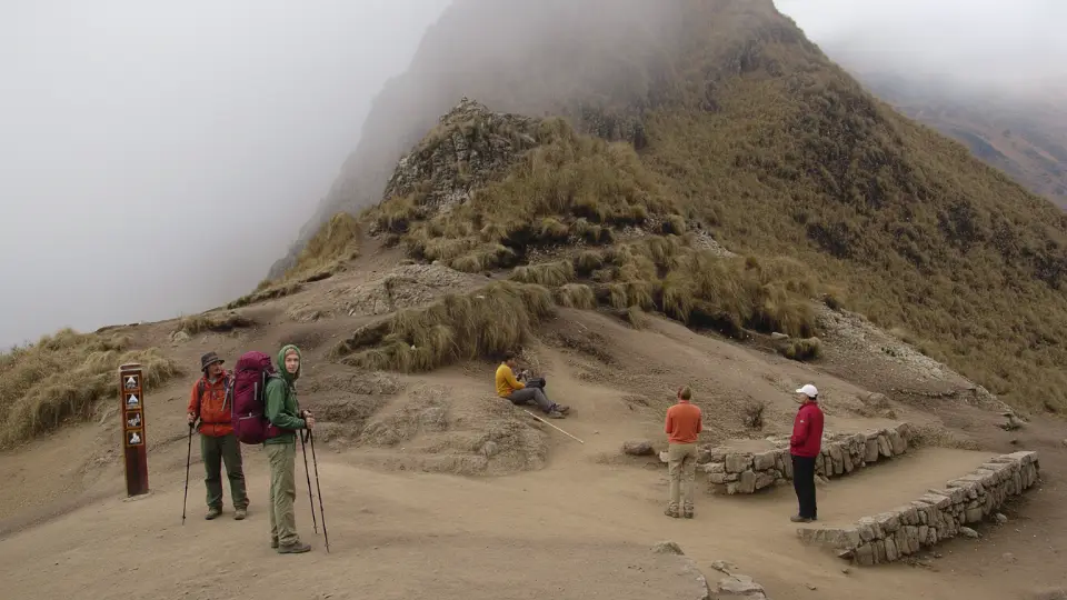 Highest pass of the Inca Trail, Warmiwañusca, where tourists take a break before continuing