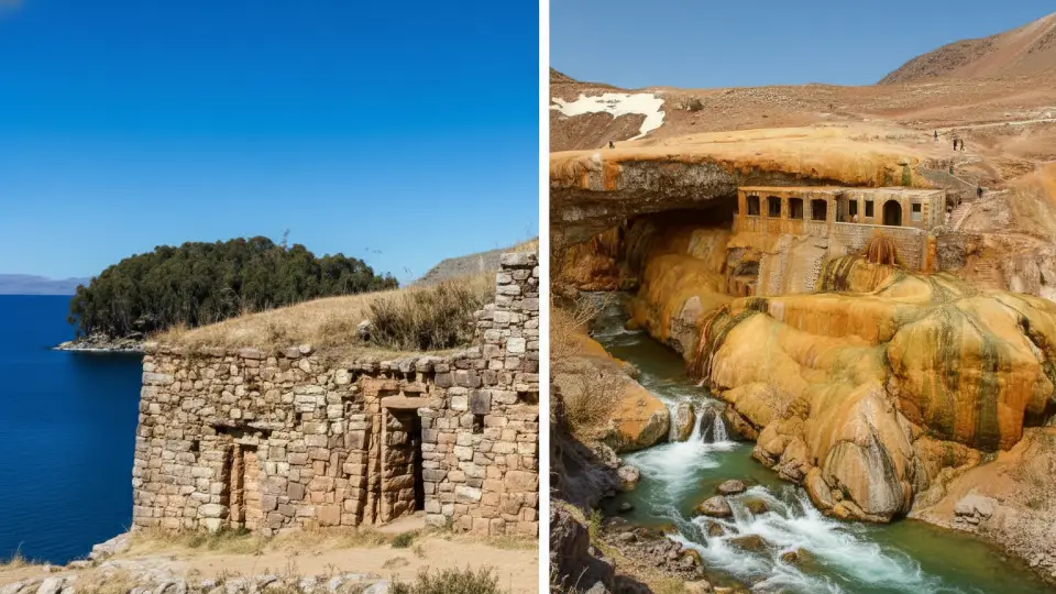 Inca Trail of Qollasuyo showing the Temple of the Sun on Lake Titicaca and the Inca Bridge in Argentina