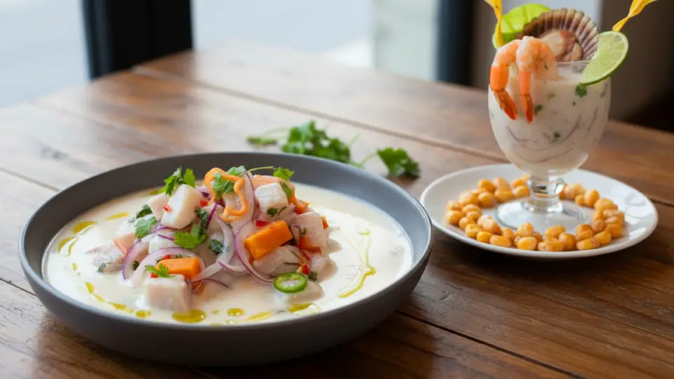Ceviche junto a su acompañante bandera leche de tigre