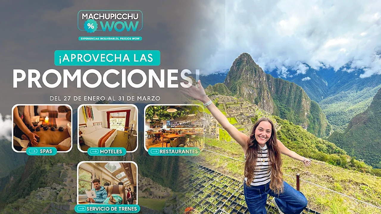 Panoramic view of Machu Picchu promoting the Machu Picchu WOW campaign with discounts on hotels, dining, spas and train travel.