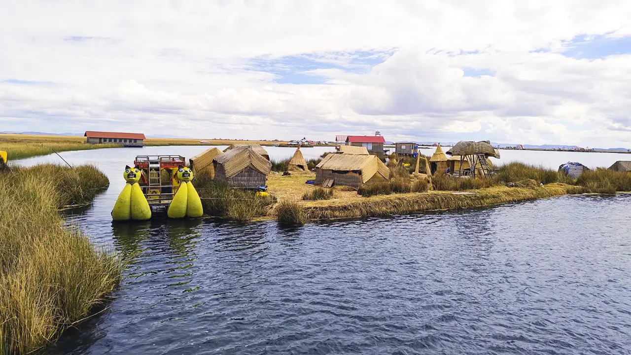 Panoramic view of uros floating islands in Peru