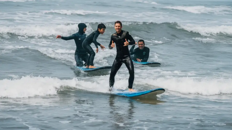Familia de turistas disfrutando una tarde de surf