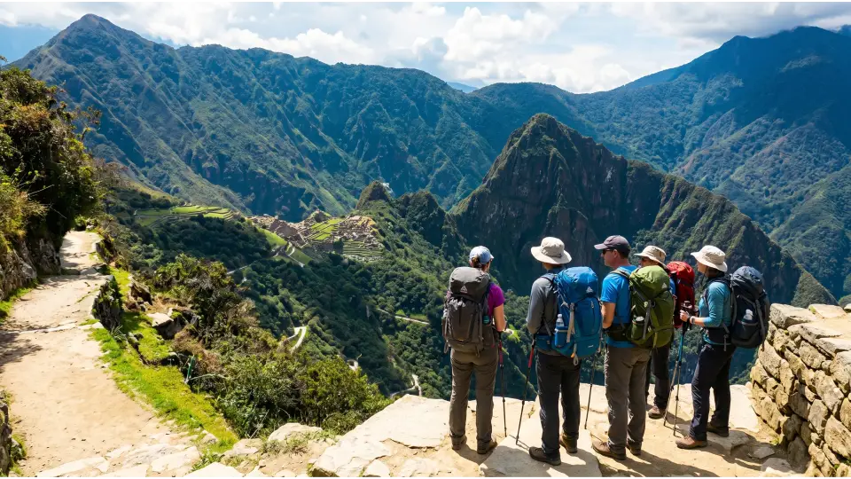 Turistas felices disfrutando de la llegada a Machu Picchu