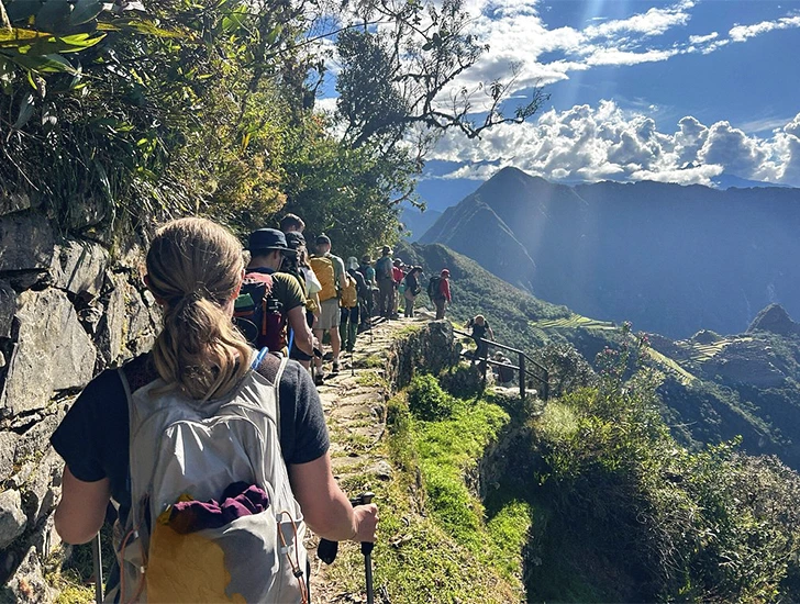 Panoramic view of Machu Picchu from Inti Punku, the Sun Gate, final viewpoint of the Inca Trail 4 Days 3 Nights at sunrise in Cusco, Peru