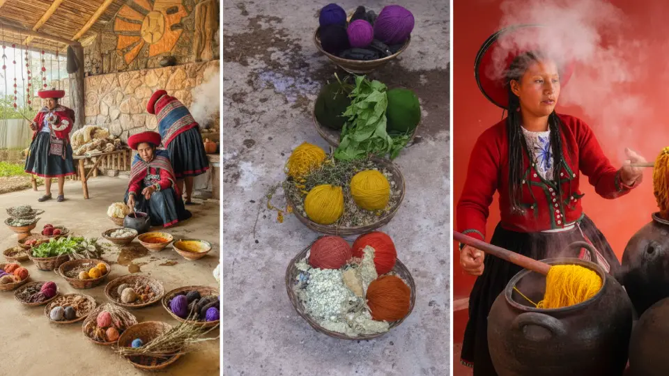 Teñido de las fibras de camélidos a color amarillo con colores naturales en los centros de textiles de Chinchero Cusco