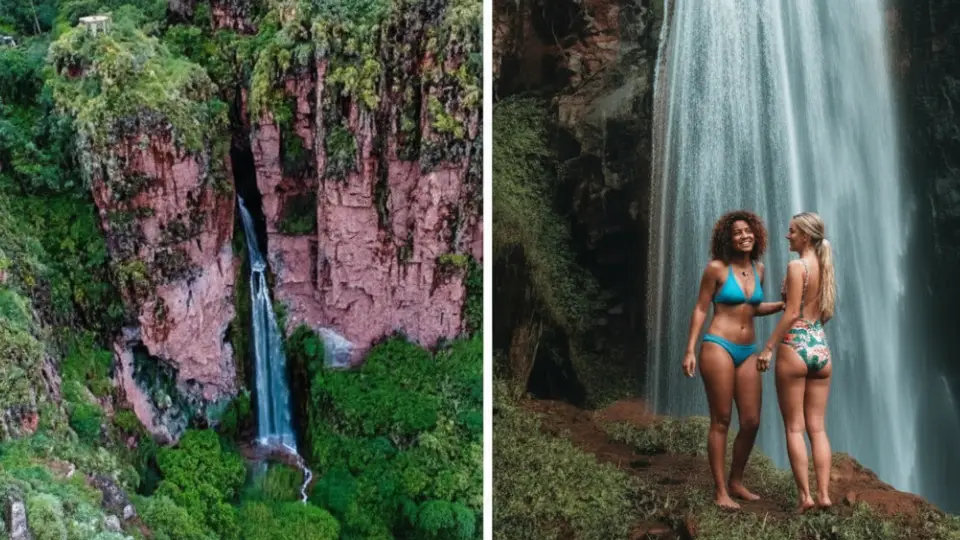 Catarata de perolniyoc en la que se observa a dos amigas listas para darse un baño refrescante antes de continuar caminando