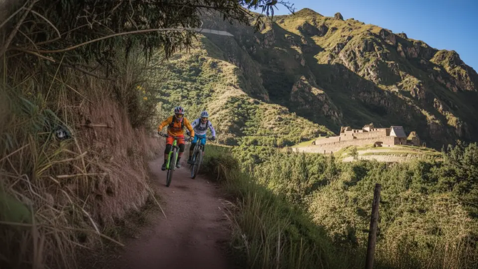 Jovenes aventureros realizando el deporte de ciclismo en el Valle Sagrado de los Incas