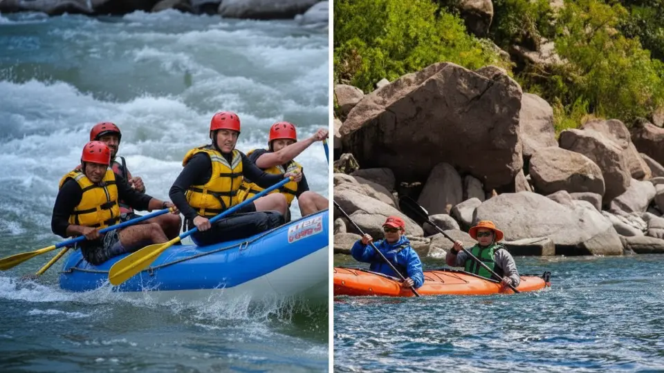 Turistas extranjeros felices de realizar deposrte de kayak y Raptin en el rio de Urubamba