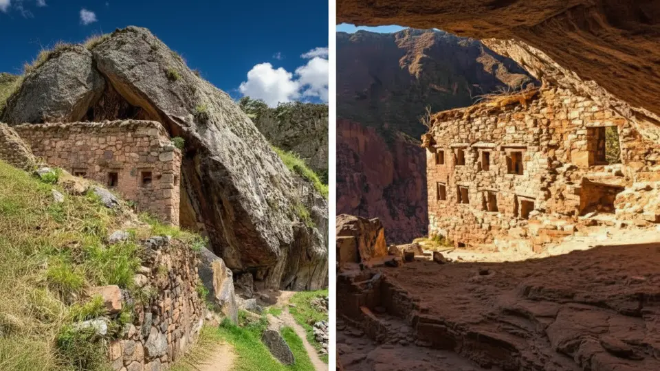 Ñaupa Iglesia que muestra el afloramiento rocoso y la huaca de su interior del centro ceremonial Inca