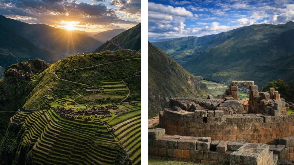 Imagen que muestra un aparte de Pisac en la que se observa el Inti Huatana 