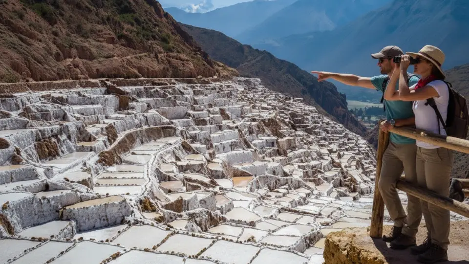 Pareja de turistas conociendo las minas de sal de Maras en el Valle Sagrado de los Incas