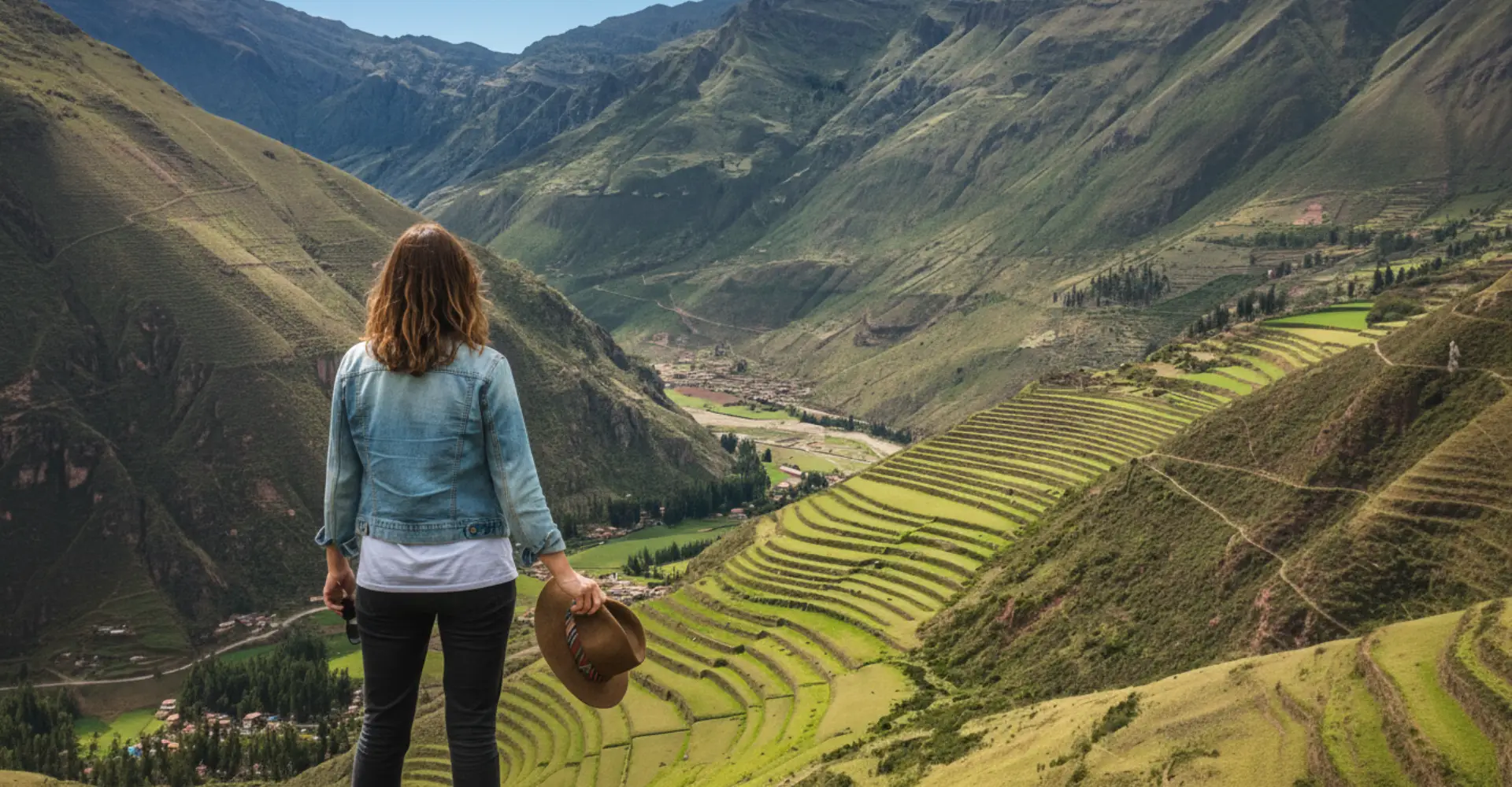 Turista extranjera observando una parte del Valle Sagrado de los Incas